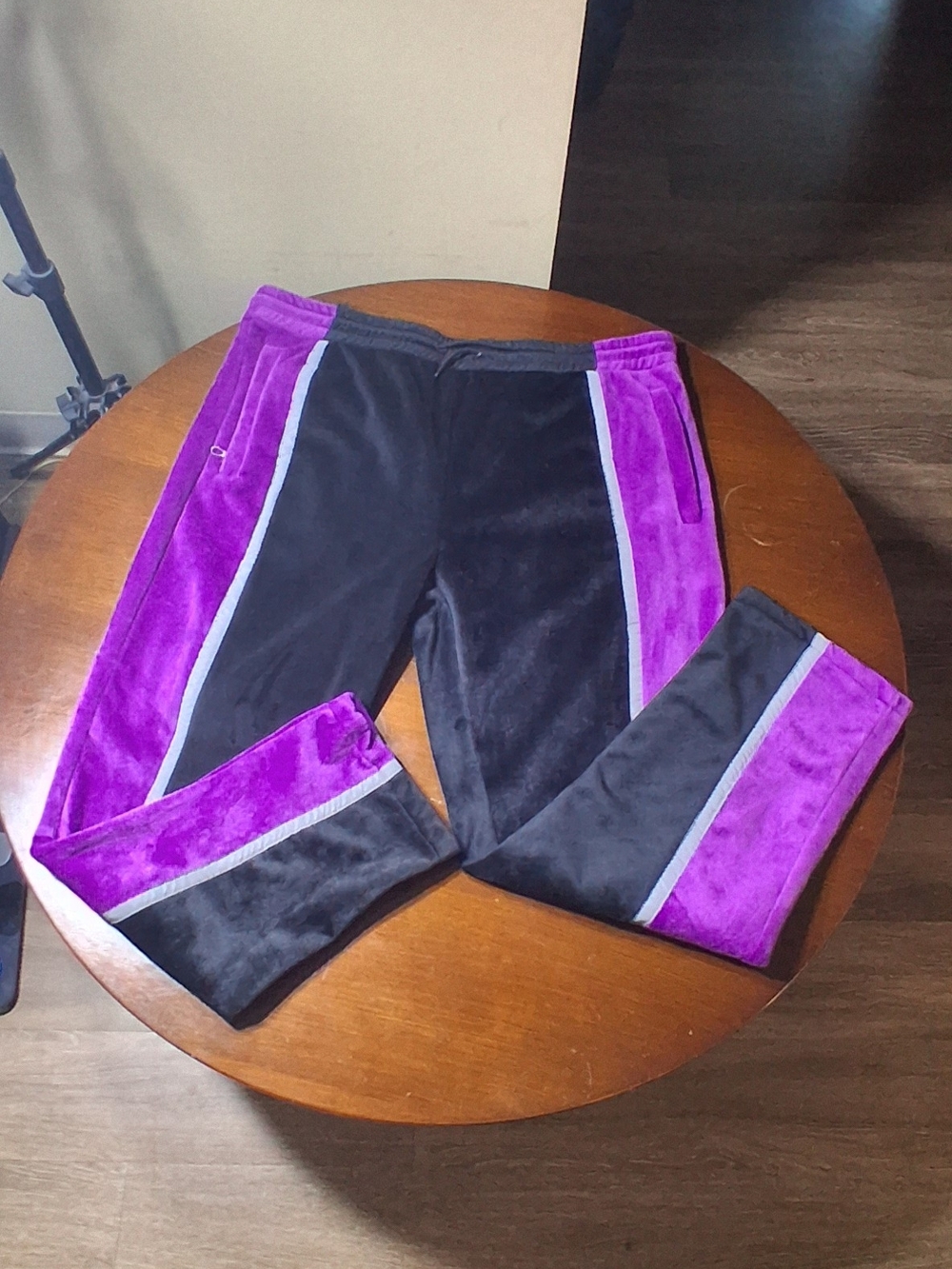 Men's Velour Joggers in Black and Purple with Contrast Stripe